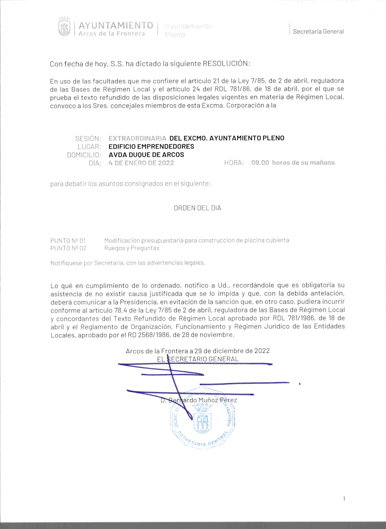 Convocatoria de Pleno Extraordinario para el 4 de enero de 2023.