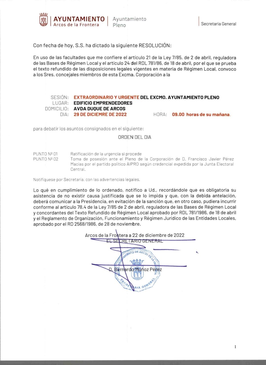 Orden del día del Pleno Extraordinario y Urgente del 29 de diciembre de 2022