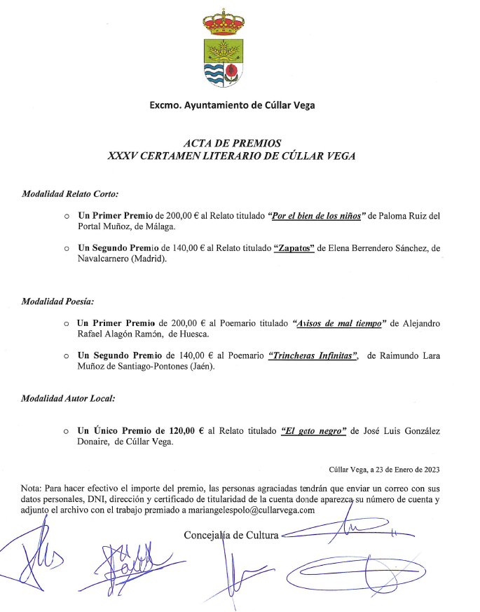 Premiados del XXXV Certamen Literario de Cúllar Vega