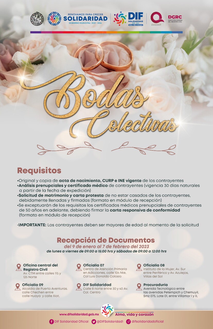 * Invitan a parejas a dar el si en bodas colectivas 2023* – H. Ayuntamiento de Solidaridad