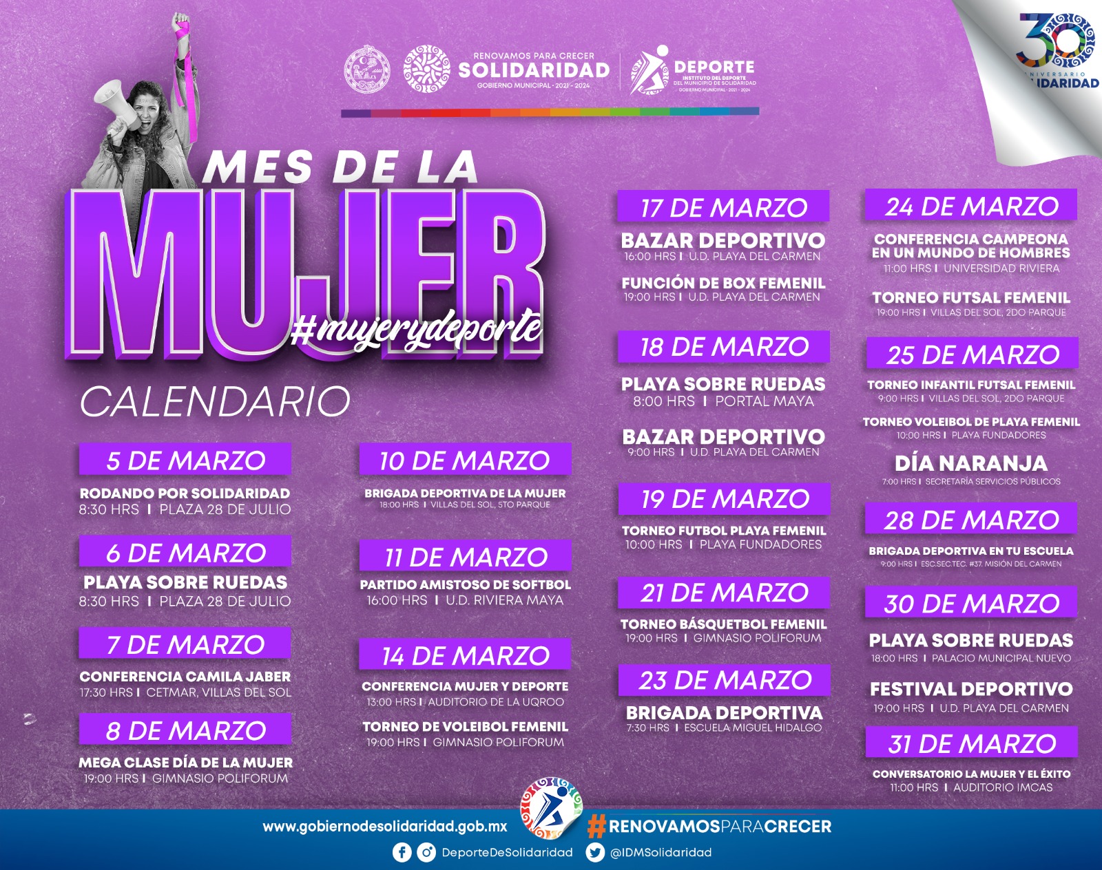 Agenda deportiva para conmemorar el Día Internacional de la Mujer – H. Ayuntamiento de Solidaridad