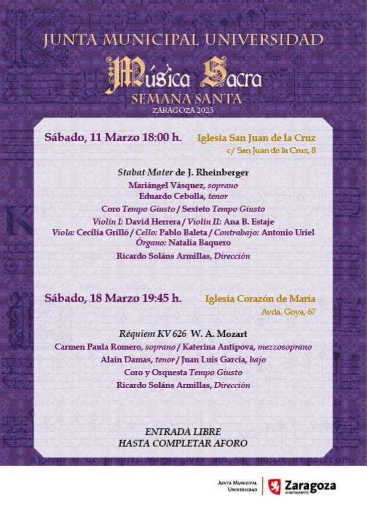 El Distrito Universidad programa dos conciertos de música sacra para los días 11 y 18 de marzo. Noticia. Ayuntamiento de Zaragoza