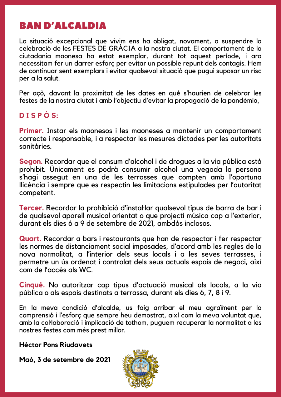 BAN MUNICIPAL AMB MOTIU DE LES DATES HABITUALS DE LES FESTES DE GRÀCIA