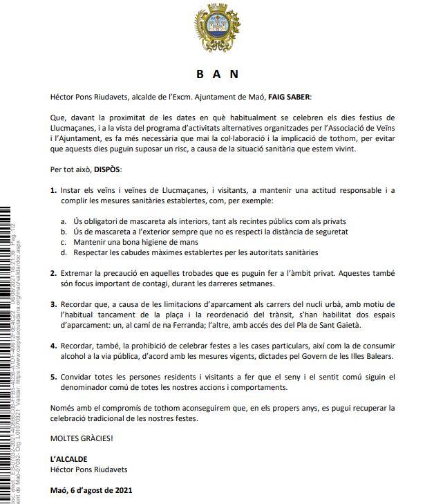 BAN muncipal amb motiu de la proximitat dels dies habitualment festius de Llucmaçanes