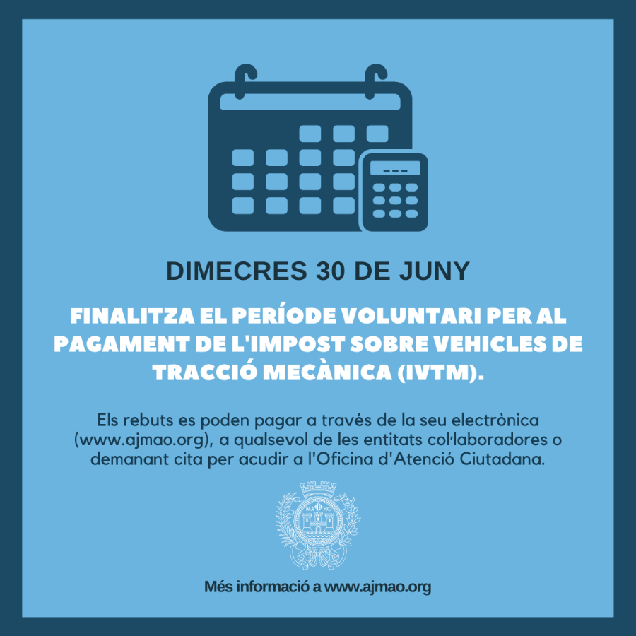 Dimecres dia 30 de juny inalitza el període voluntari per al pagament de l&#039;Impost sobre vehicles de