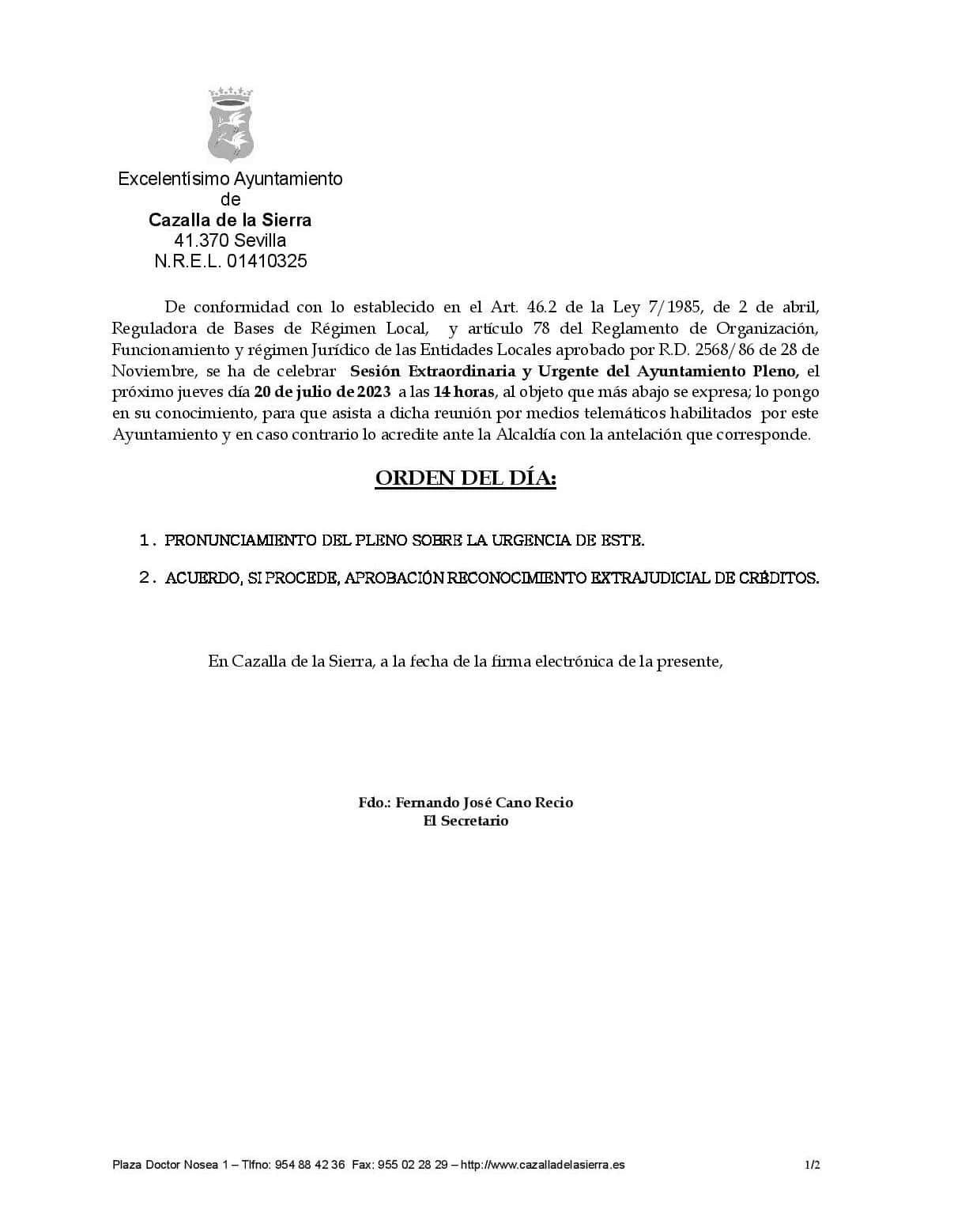 Pleno Extraordinario telemático Ayuntamiento de Cazalla de la Sierra.
