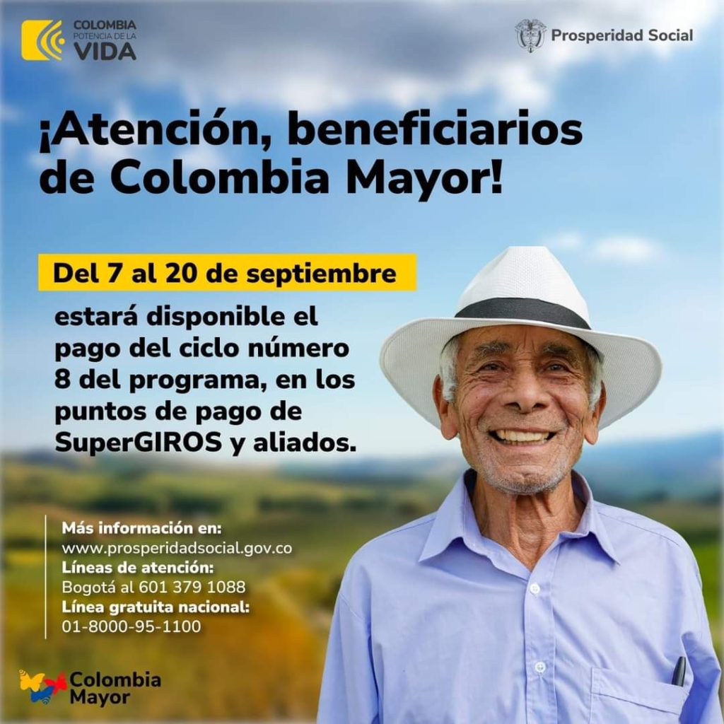 A partir del 9 de septiembre del 2023, inicia el pago del ciclo número 8 del Programa Colombia Mayor