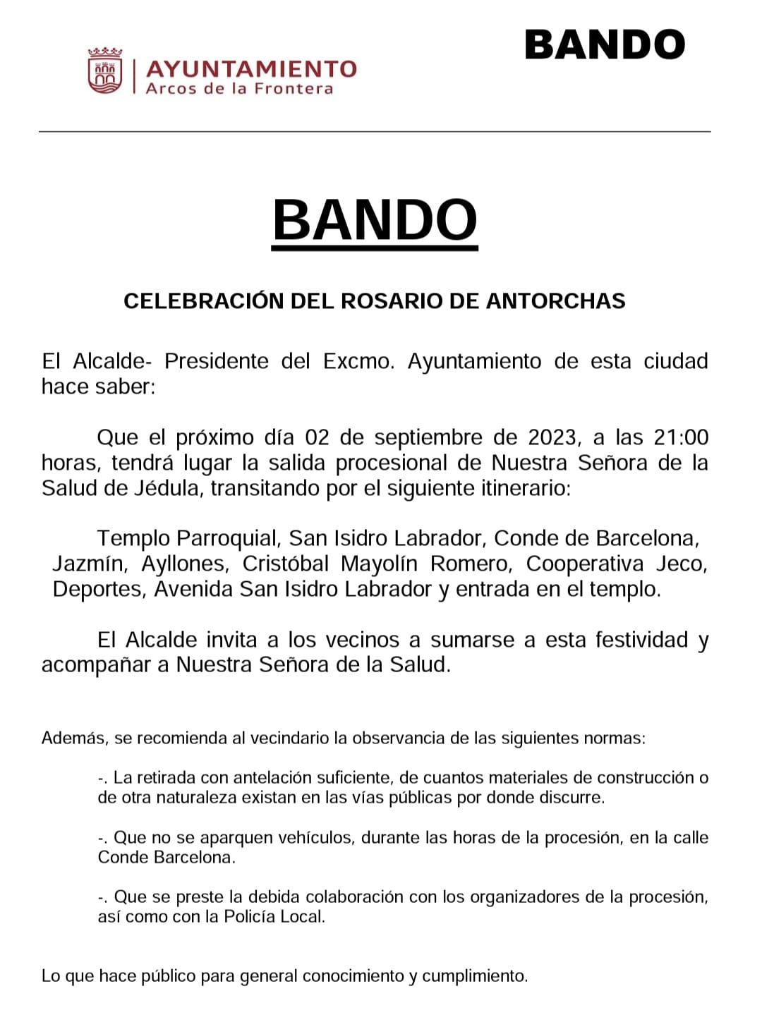 Bando con motivo de la celebración del Rosario de Antorchas en Jédula
