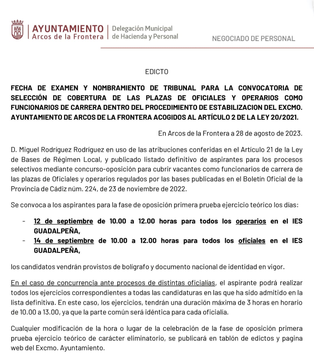 Convocada las fechas de examen para las plaza de Oficiales y Operarios