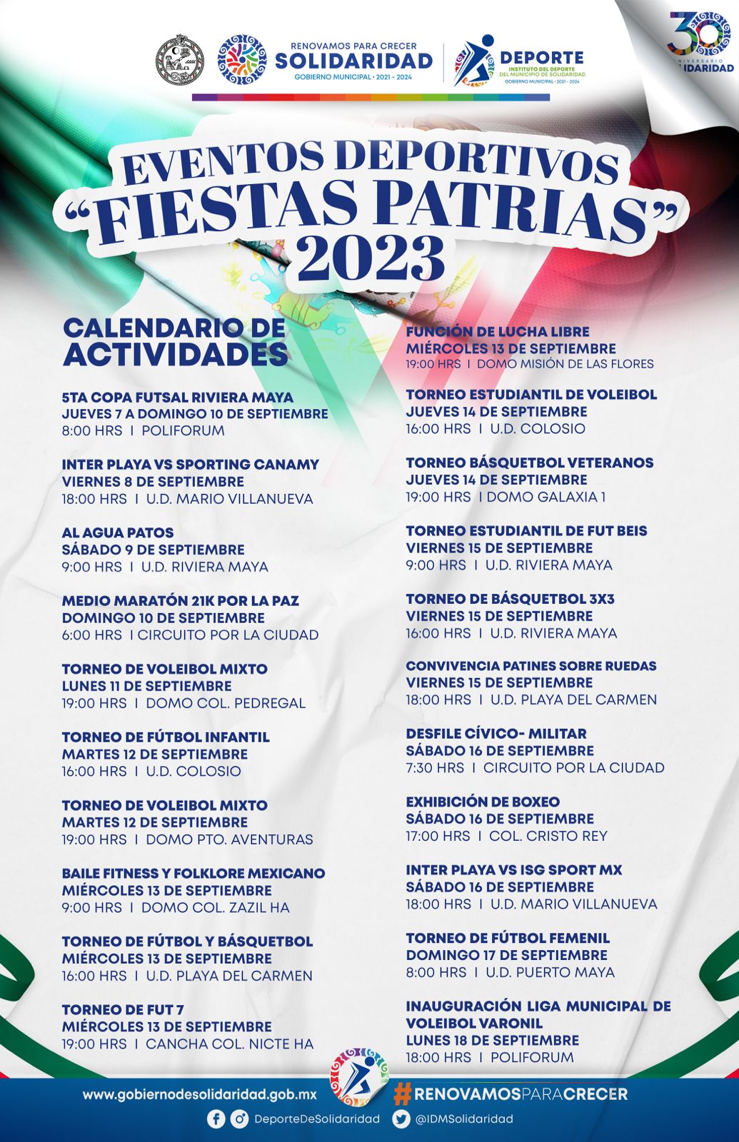 Dan a conocer calendario de eventos por Fiestas Patrias – H. Ayuntamiento de Solidaridad