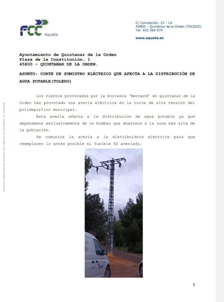 Aviso: Corte de suministro eléctrico que afecta a la distribución de agua potable