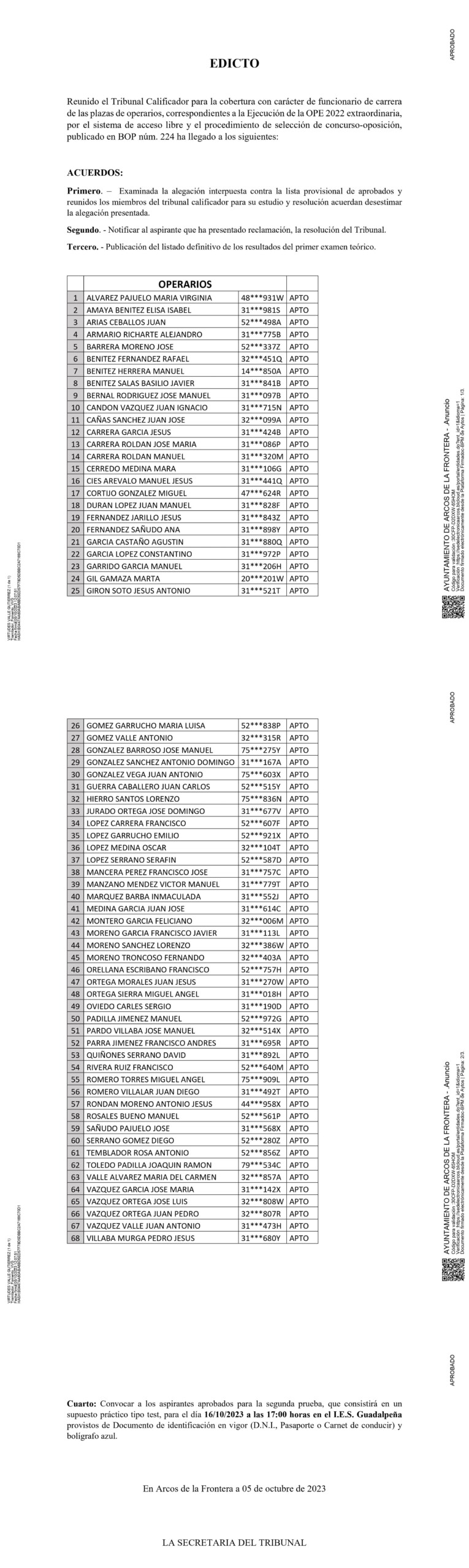 Convocatoria segundo examen Operario - Excmo. Ayuntamiento de Arcos de la Frontera