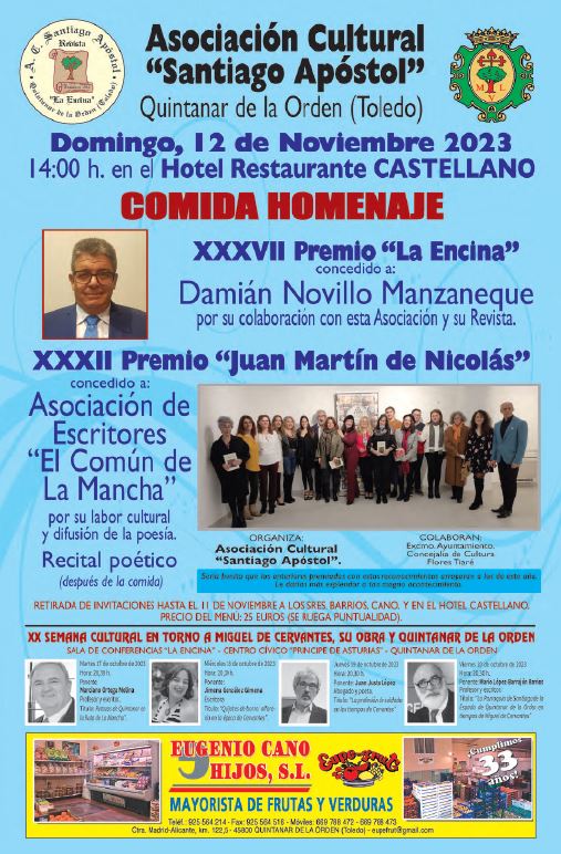 Damián Novillo es el XXXVII Premio "La Encina" y la Asociación de Escritores "El Común de la Mancha" XXXII Premio "Juan Martín de Nicolás"