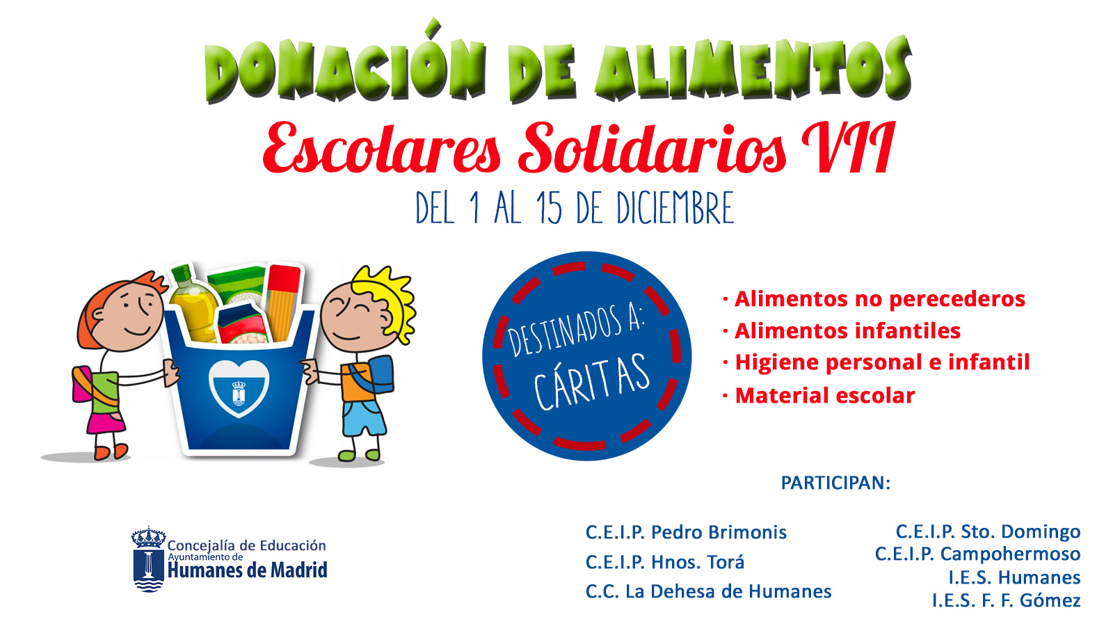 Del 1 al 15 de diciembre, séptima edición de la campaña de donación de alimentos “Escolares Solidarios”