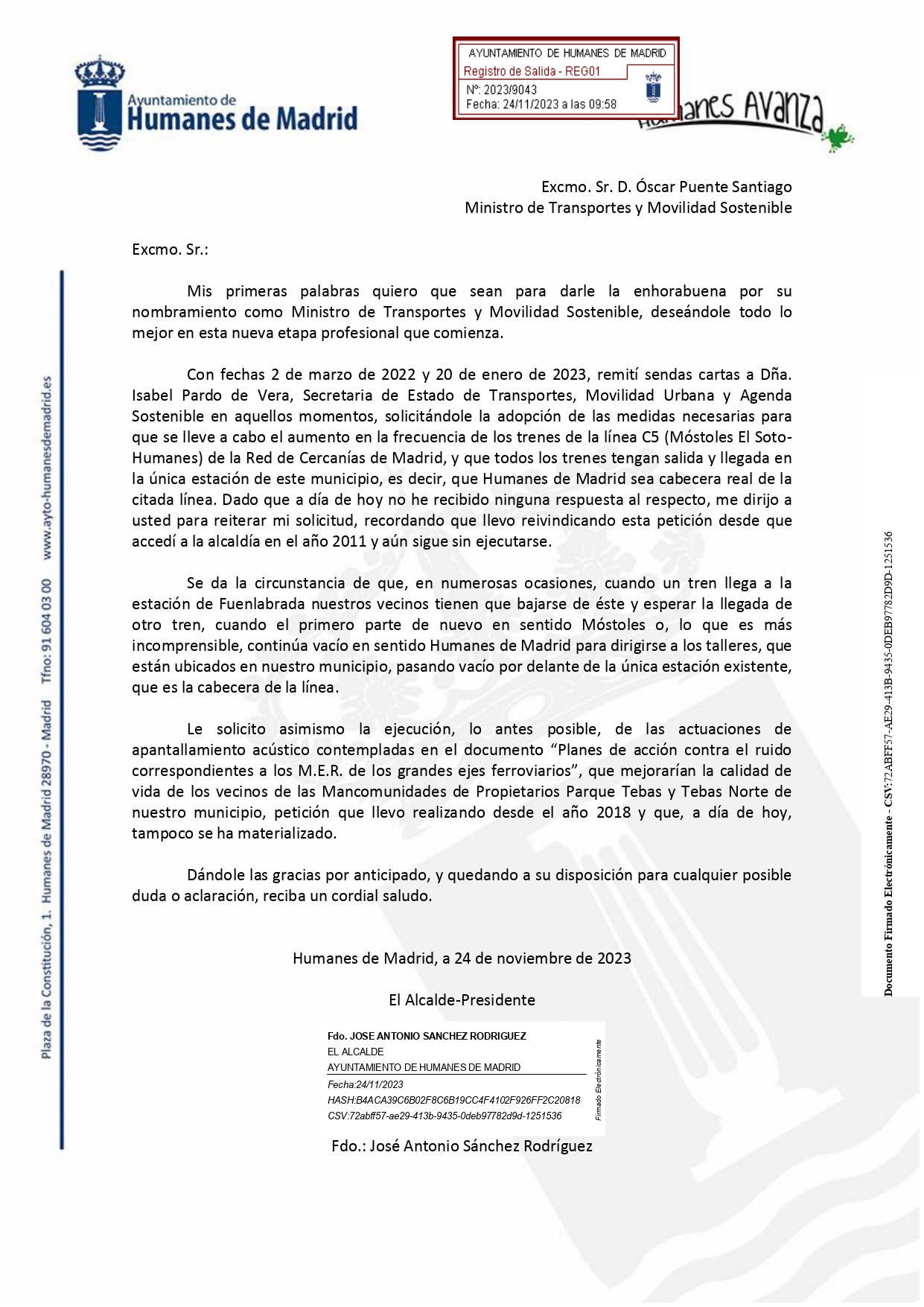 El alcalde solicita, una vez más, el aumento en la frecuencia de trenes y que Humanes de Madrid sea cabecera real de la línea de Cercanías C-5
