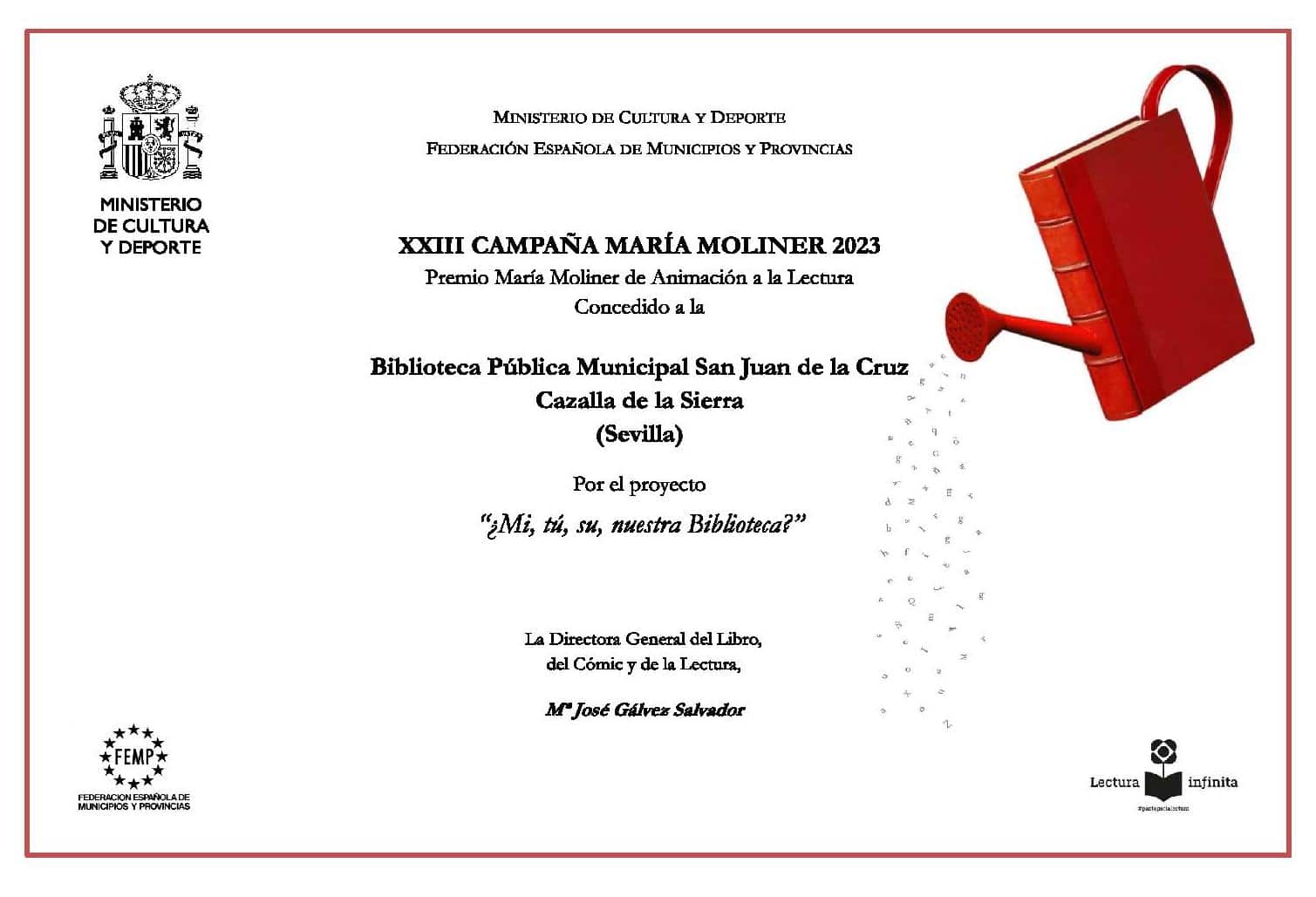 La Biblioteca de Cazalla de la Sierra entre las 370 bibliotecas premiadas por El Ministerio de Cultura y Deporte, en la XXIII Campaña de Animación a la Lectura María Moliner.