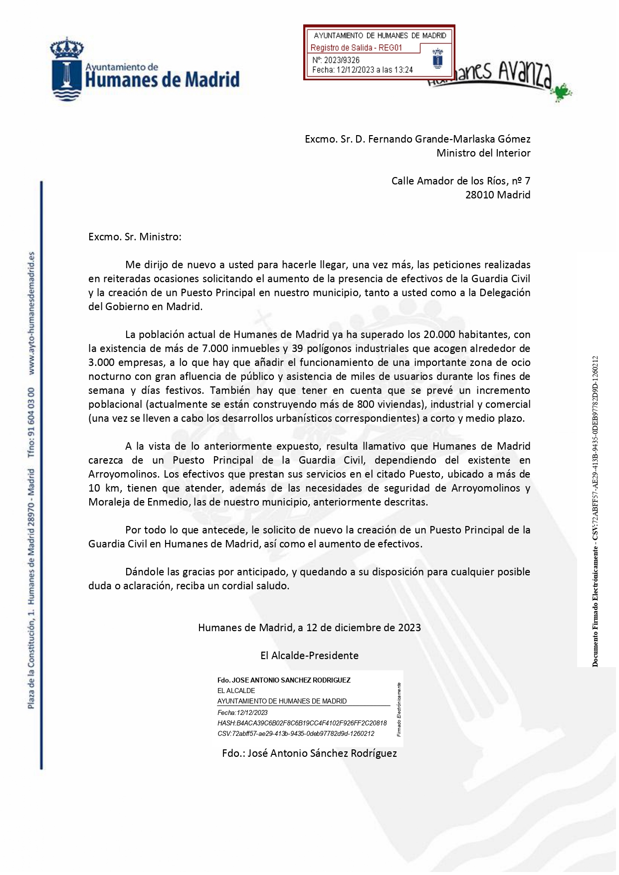 El alcalde solicita, una vez más, la creación de un Puesto Principal de la Guardia Civil en Humanes y aumento de efectivos