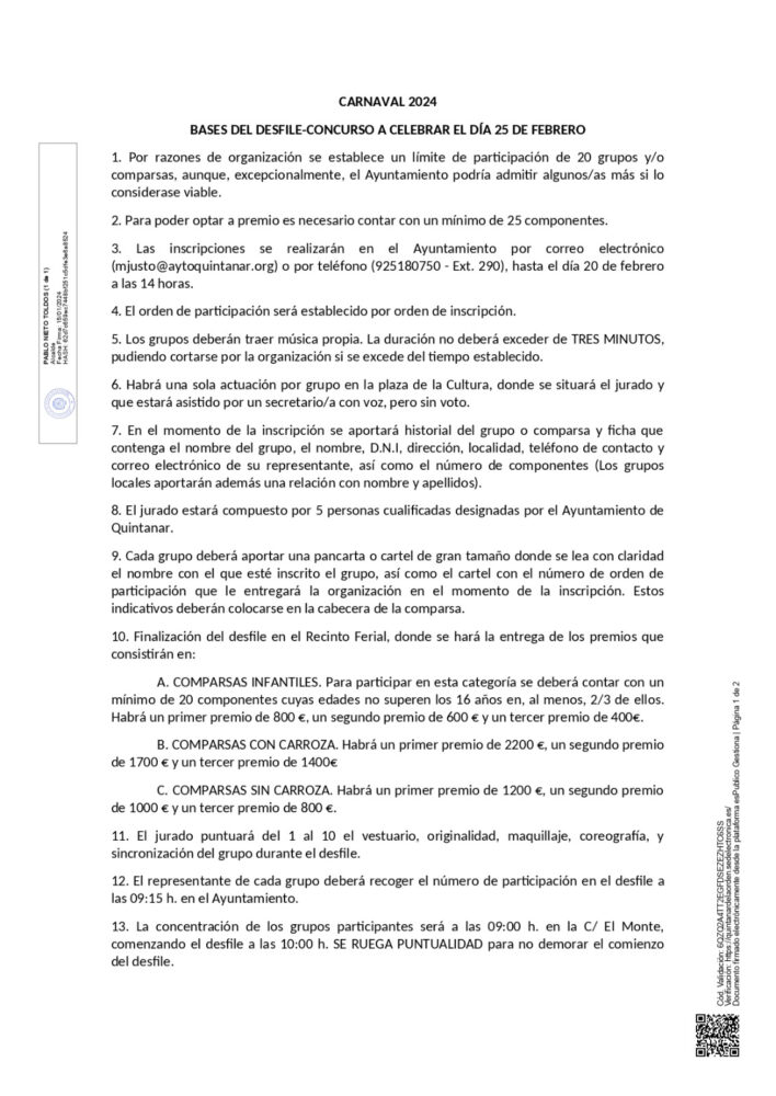 Bases Desfile-Concurso Carnaval 2024 - Ayuntamiento de Quintanar de la Orden