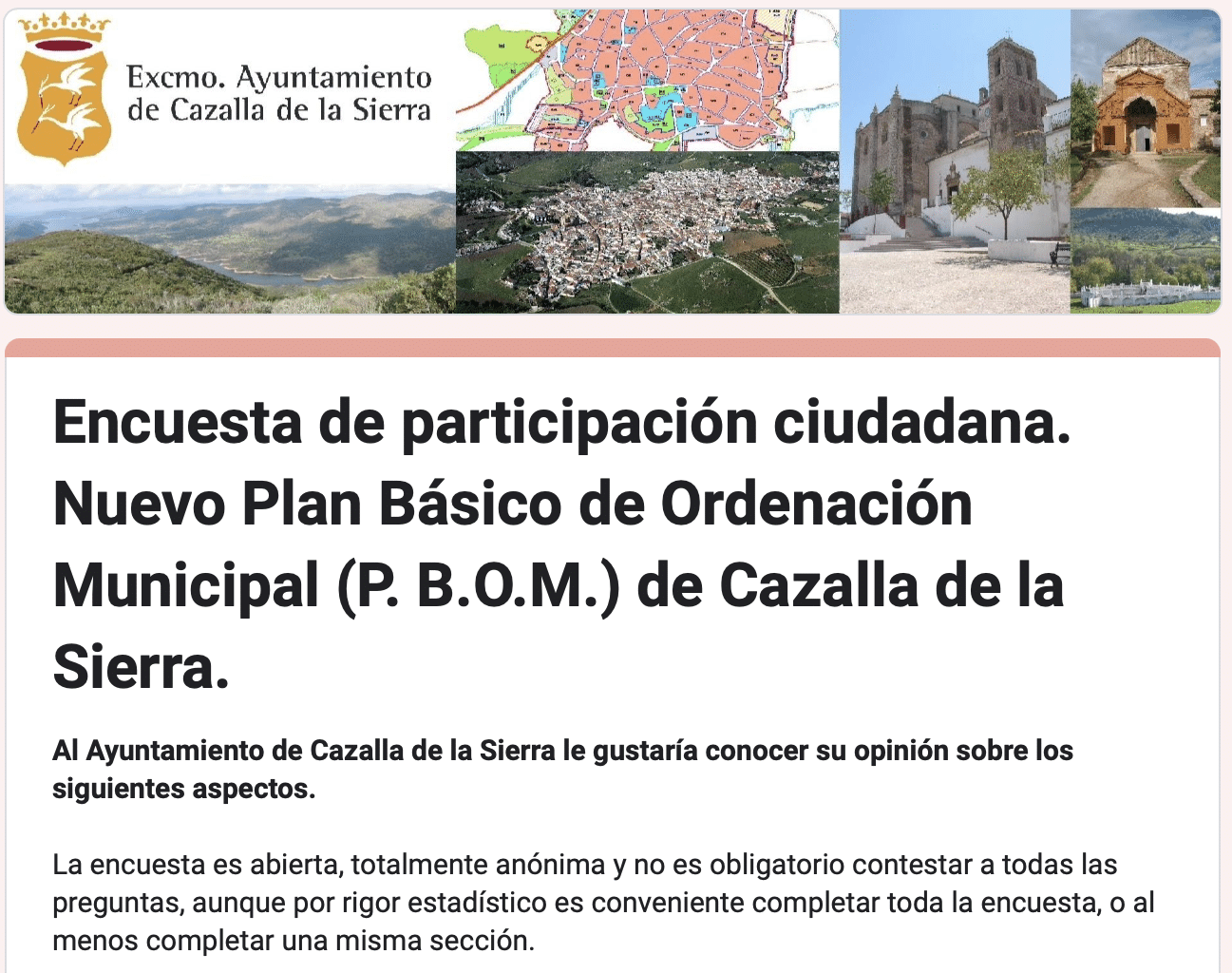 El Ayuntamiento de Cazalla, lanza un cuestionario dentro de la “consulta previa” sobre la formulación del nuevo Plan Básico de Ordenación Municipal de Cazalla (PBOM).