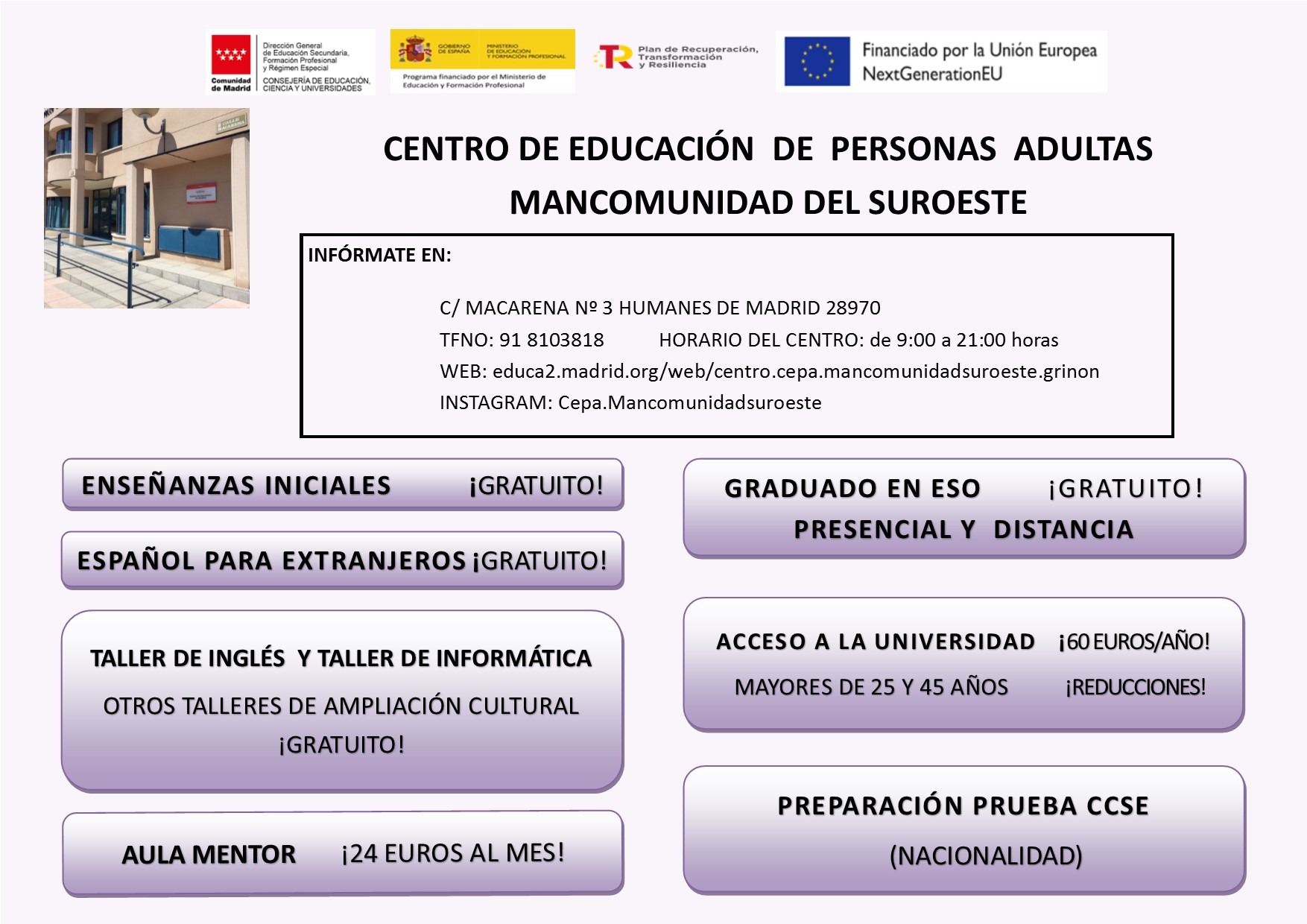 Abierta la inscripción para matricularse en las diversas enseñanzas de personas adultas