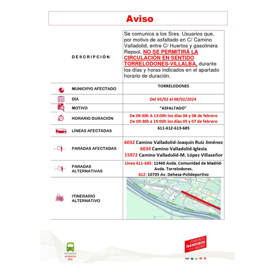 Paradas afectadas por los trabajos de asfaltado en Torrelodones