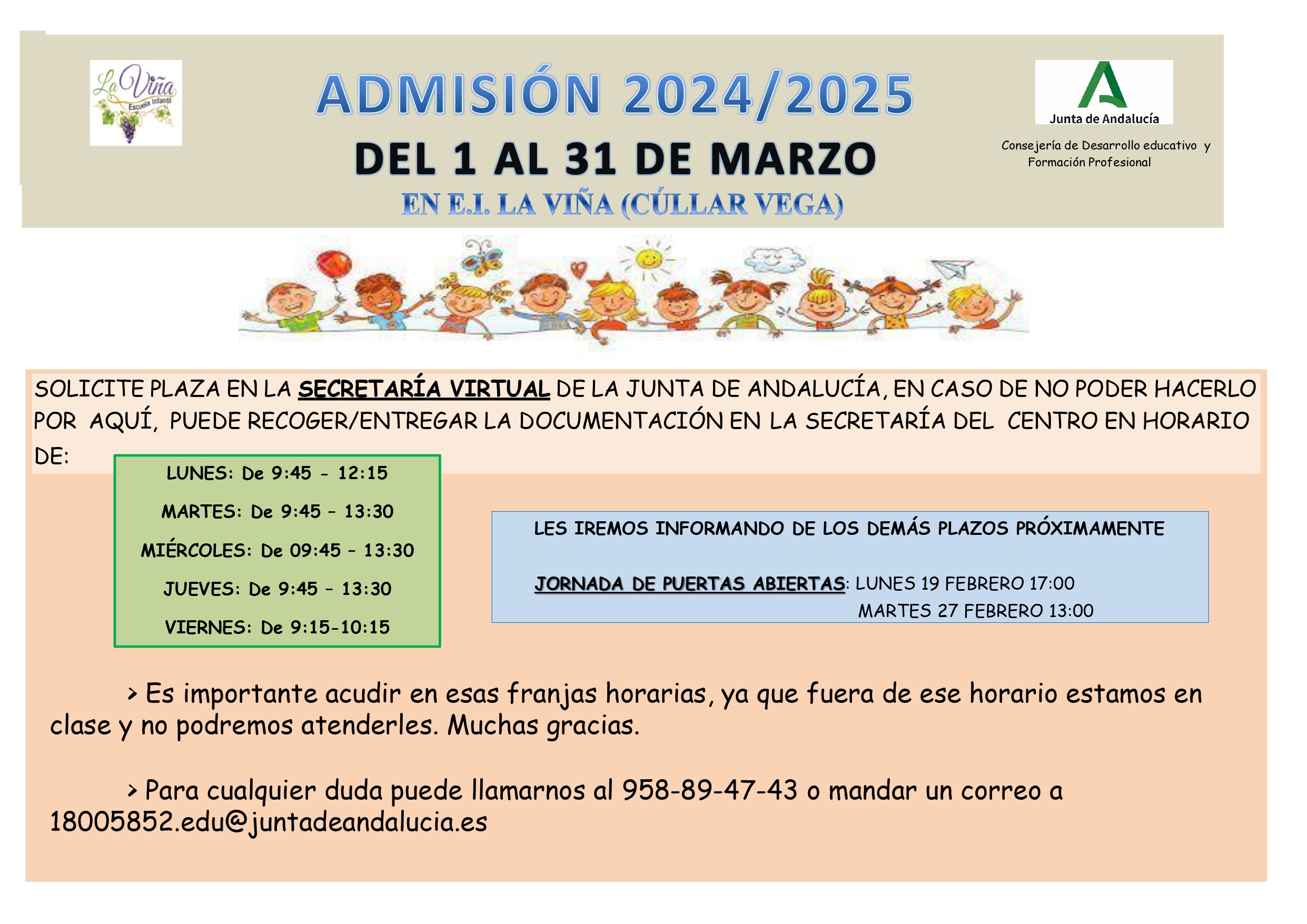 Plazo de admisión en la Escuela Infantil La Viña para el curso 2024-2025 y fechas de jornadas abiertas