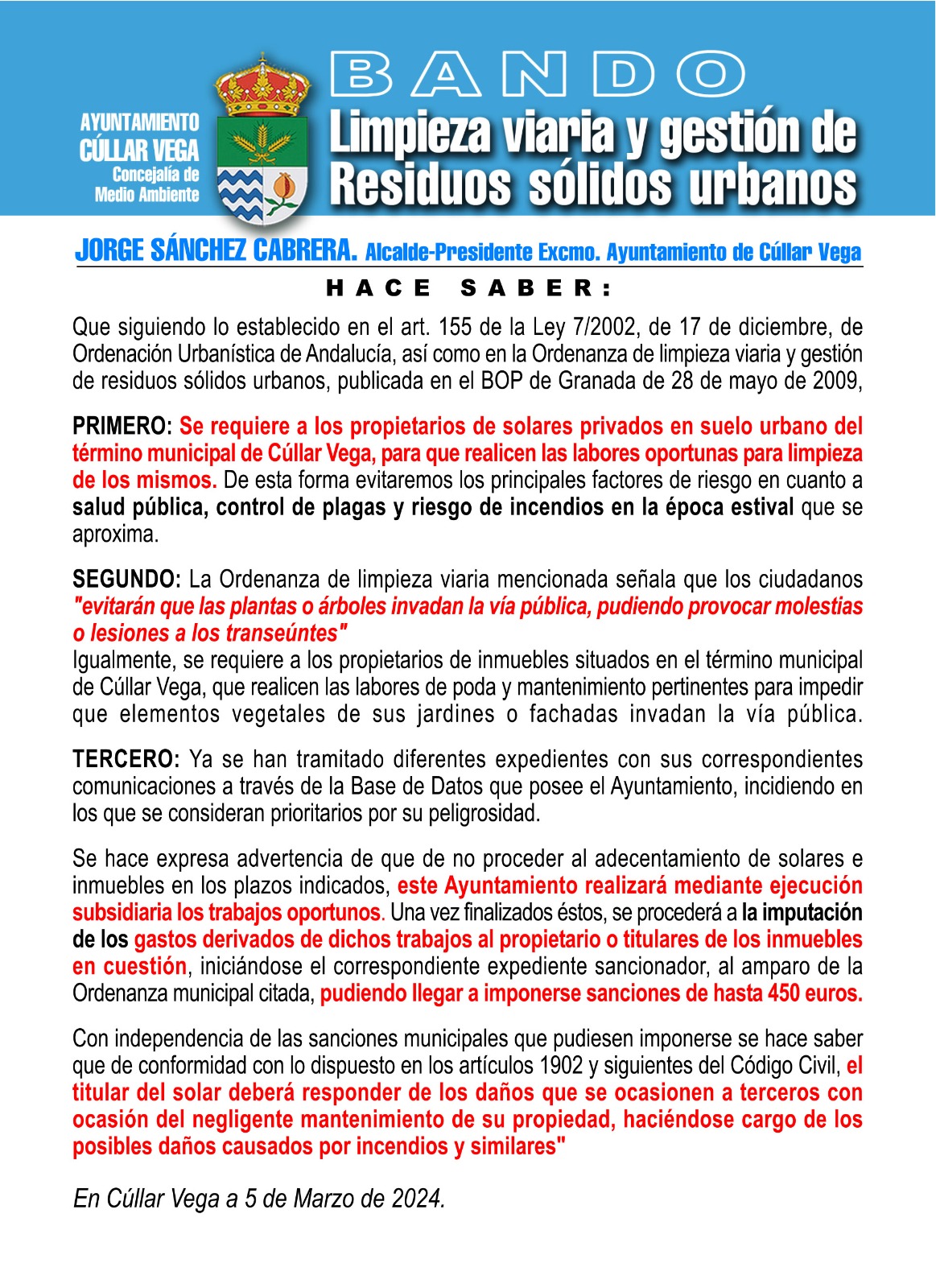 Bando Limpieza viaria y gestión de residuos sólidos urbanos