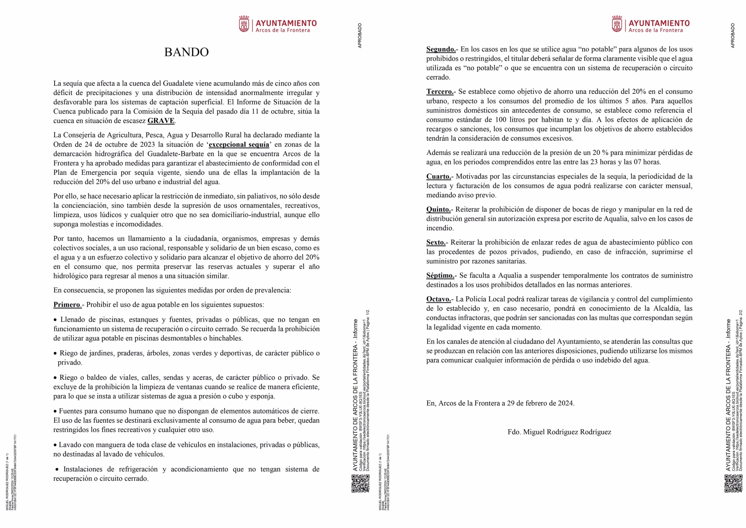 Bando del Ayuntamiento de Arcos con motivo de la sequía que afecta a la cuenca del Guadalete
