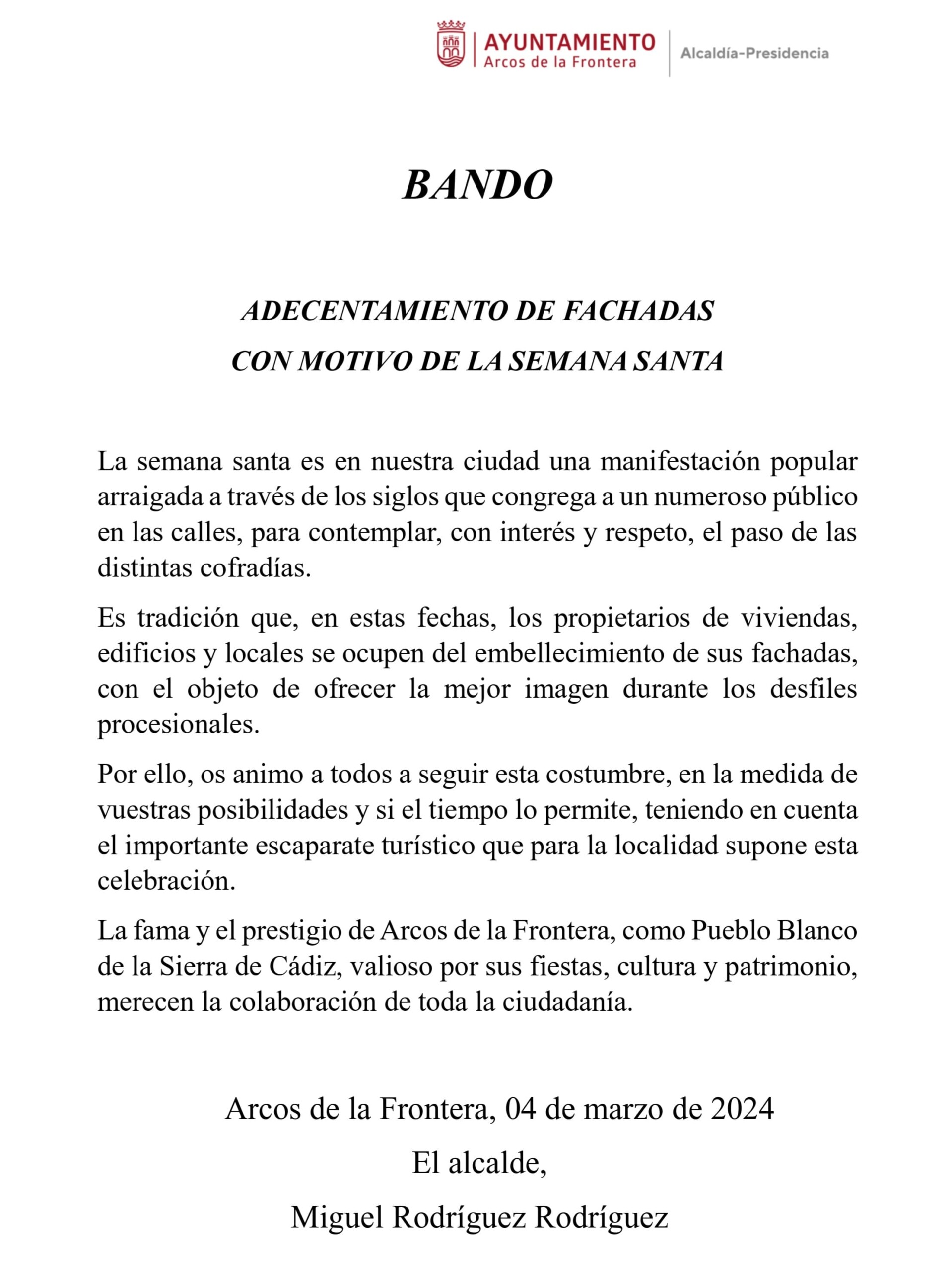 Bando para el adecentamiento de fachadas con motivo de la Semana Santa en Arcos de la Frontera